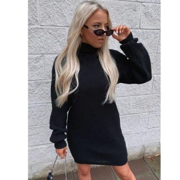 Black Knitted Long Sleeve Turtle Neck Loose Fit Mini Sweater Dress - Picture 7 of 9